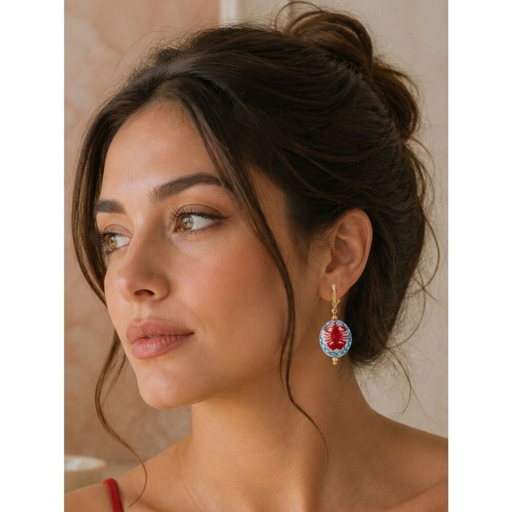 Gold Hoop Earrings with Red Lobster Porcelain Dangles R 603